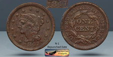 1847 Braided Hair Large Cent, N-1, Repunched Date, Almost Uncirculated, C8275 picture