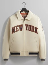 Kith x Knicks Avirex Faux Leather Varsity Jacket Cream NBA Bomber Jacket picture