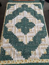 Vintage Log Cabin Quilt 55 by 38  Handmade Floral Sunflowers Green, Tan Yellow picture
