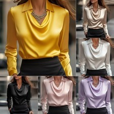 Women's Swing Collar Draped Shirts & Blouses Elegant Solid Satin Office Ladies T picture
