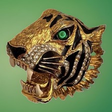 Hattie Carnegie Inspired Roaring Tiger Head Brooch by Sphinx A1549 Pin Green Eye picture