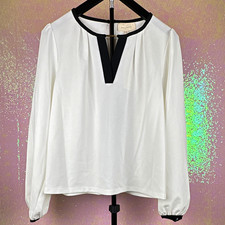Melloday Womens White/Black Trim Satin V-Neck Puff Long Sleeve Blouse Size M picture