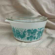 Vtg Pyrex Amish Butterprint 473 1 QT Casserole Dish Turq on White UNUSED picture