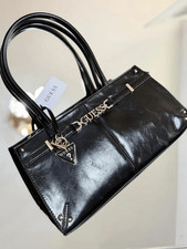 GUESS Black Patent Satchel with Gold Logo and Charm picture