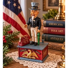 Vintage Working Uncle Sam Mechanical Bank Cast Iron Americana Folk Art Coin Bank picture