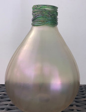 Signed Loetz Iridescent Art Glass Bulb Vase having Emerald Neck, EARLY Creation picture