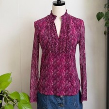 INC International Concepts Pink Purple Mesh Ruffle V-Neck Top Womens Medium picture