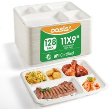 128 PCS 11x9 Inch 5Compartment Meal Trays Heavy Duty Bagasse White Plates picture