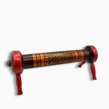 Vintage Handcrafted Lacquered Wood Foot Stool Rolling Pin Red Gold picture