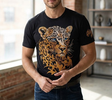 NWT Casa Moda Couture Mens Large Black Gold Rhinestone Leopard Graphic T-Shirt picture
