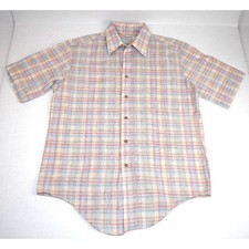 Vintage 70s 80s Plaid Shirt Kingsport Mens M Textured Tan Blue Pink Plaid Grunge picture