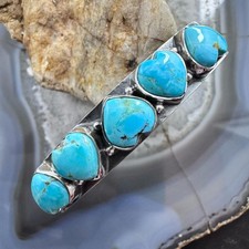 Sterling Southwestern Style 5 Blue Turquoise Heart Single Row Bracelet For Women picture