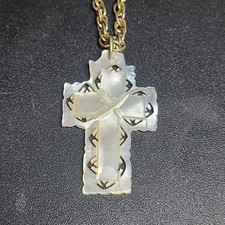 Vintage MOTHER OF PEARL CROSS Crucifix BETHLEHEM Carved MOP Christianity Israel picture