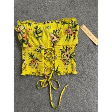 Almost Famous Yellow Floral Smocked Lace Up Tube Crop Top Size Small NEW picture