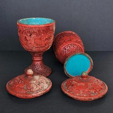 Antique Qing dinasty Chinese Carved Cinnabar Lacquer Covered Goblets on Copper picture