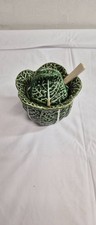 Vintage Subtil Portugal P127 majolica green cabbage leaf sugar bowl with spoon picture