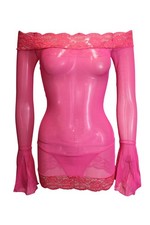 Flirtzy Women's Sheer Mesh Bell Sleeve Mini Dress and Thong Set with Lace Trim picture