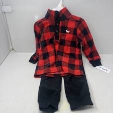 Carter's 2T 2Pc Fleece Buffalo Plaid Pullover & Pants Set Red/Black Button picture