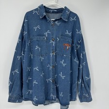Dazy Shirt Womens XL Blue Denim Bow Embroidered Button Front Long Sleeve Top picture