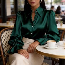 Women Satin Office Lady Elegant Shirt Blouse Button Up Satin Long Sleeve Shirt picture