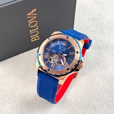 Bulova Men's Marine Star Automatic Blue Dial Silicone Strap Watch 45mm 98A227 picture