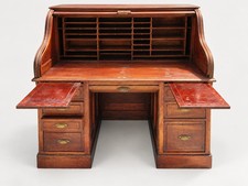 Antique Victorian Roll Top Desk Executive Wood Brass Reddish Brown S Curve picture