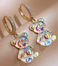 Adorable TEDDY BEAR Rhinestone Goldtone Clear Dangle Betsey Johnson Earrings picture