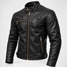 Mens Genuine Leather Cafe Racer Motorcycle Biker Jacket Black Slim Fit Moto Coat picture