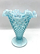 Vintage Fenton Style Aqua Opalescent Hobnail Trumpet Vase Epergne Ruffled 8