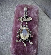 Superb Antique Austro Hungarian 830 Silver Cherub Angel Pendant Citrine Garnet picture