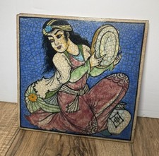 Antique 19th C Persian Qajar Style Ceramic Tile Female Musician Playing Daf Drum picture