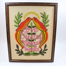 Vtg Crewel Embroidery Kitschy Funky Groovy Bright Love Creates a Special World picture