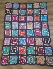 Vintage Handmade Crochet Granny Square Afghan Blanket Throw Multi-Color Boho 62x picture
