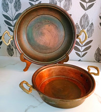 Antique Vintage 2-Piece Copper Jam Roasting Pans Brass Handles  picture