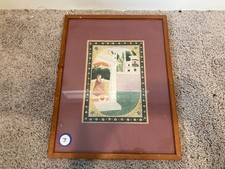 Antique Indian Mughal Miniature Painting Framed Artwork Woman Garden Scene picture
