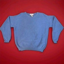 Vintage Talbots Blue Knit Sweater 100% Cotton Textured Crewneck Made in USA L picture