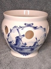 Vt'g Delft Blue Ceramic Bulb Pot Planter | Holland Windmill Sailboat | Breck's picture