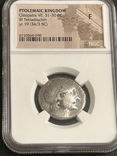 CLEOPATRA Egypt Pharaoh VII 34BC-33BC NGC Graded F Ptolemy Rare Tetradrachm Coin picture