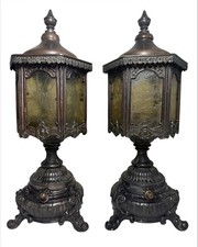 RARE ATQ Pair Brass Etched Glass Ornate Art Nouveau Footed  Table Lamps picture