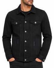Men’s Distressed Stretch Denim Trucker Jacket with Multiple Pockets Black picture