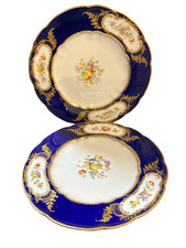 Pair Antique English Porcelain Plates — Cobalt Blue, Hand-Painted Fruit & Flower picture