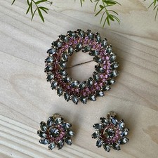 VTG 1950s Wreath Brooch Pin 2.375 Inch Earrings Pink Smoky Navettes Gold Plated picture