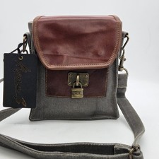 Mona B Upcycled Locksmith Purse Crossbody Bag Gray Canvas Brown Leather Trim  picture