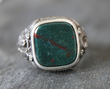 Men’s Bloodstone Ring Sterling Silver Square Signet Vintage Gemstone Jewelry picture