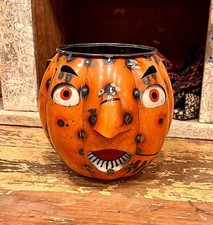 Vintage Primitive Pumpkin Pail Bucket RECYCLED METAL Halloween Jack-O-lantern 8