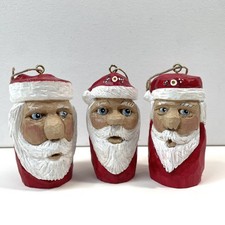 Lot 3 Artisan Hand Carved Wood Santa Ornaments Signed SGA 2016 Xmas Folk Art picture