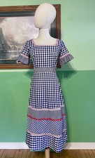 VTG 60s Handmade Blue Gingham Country Romance Dress Daisy Hippie Ric Rac Flutter picture