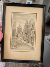 Vintage Antique Rothenburg Street Scene Genuine Steel Etching (A5) 1900s Frame  picture