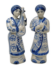 VTG Blue White Porcelain Geisha Woman Music Instrument Asian Chinoiserie Set 2 picture