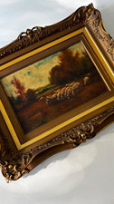 Antique 19th C. Sheep Pastoral Oil on Canvas Landscape Painting Giltwood French picture